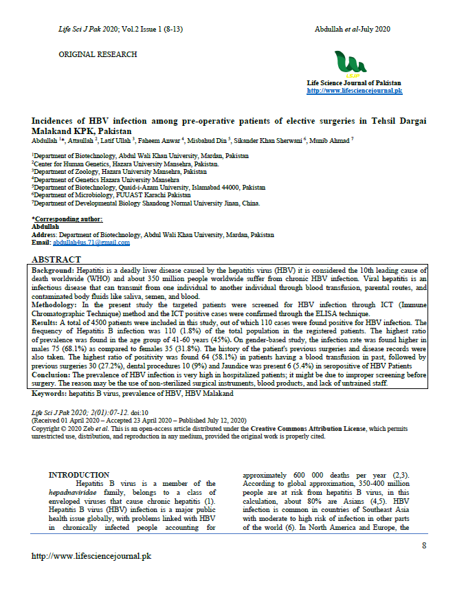 Incidences of HBV infection among pre-operative patients of elective surgeries in Tehsil Dargai Malakand KPK, Pakistan 