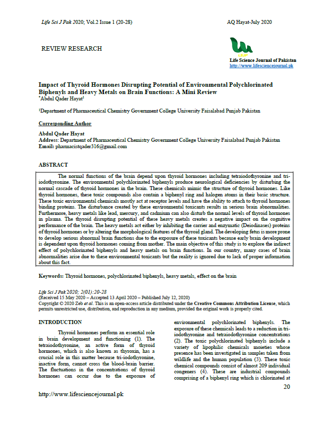 Impact of Thyroid Hormones Disrupting Potential of Environmental Polychlorinated Biphenyls and Heavy Metals on Brain Functions: A Mini Review